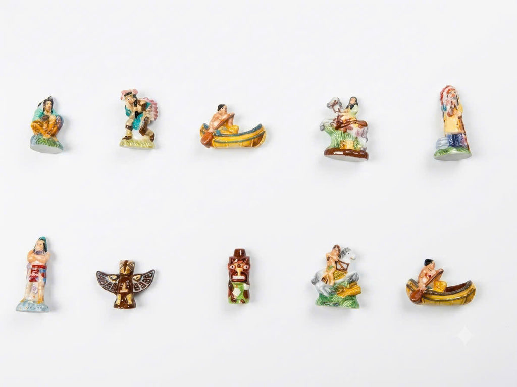 French Porcelain Fèves Vintage Native American Indiens d'Amérique Figurines – Miniature Ceramic Totem & Canoe Charms