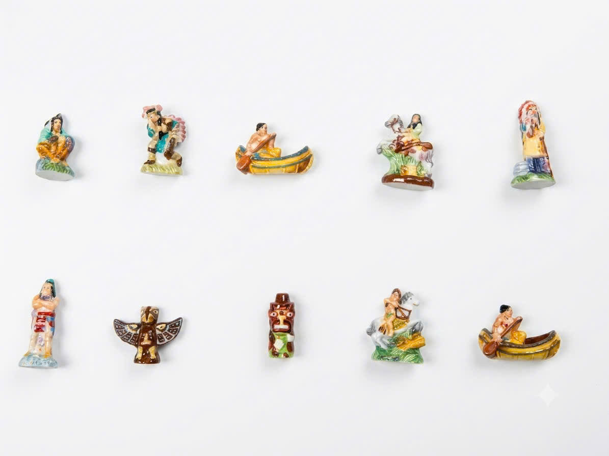 French Porcelain Fèves Vintage Native American Indiens d'Amérique Figurines – Miniature Ceramic Totem & Canoe Charms