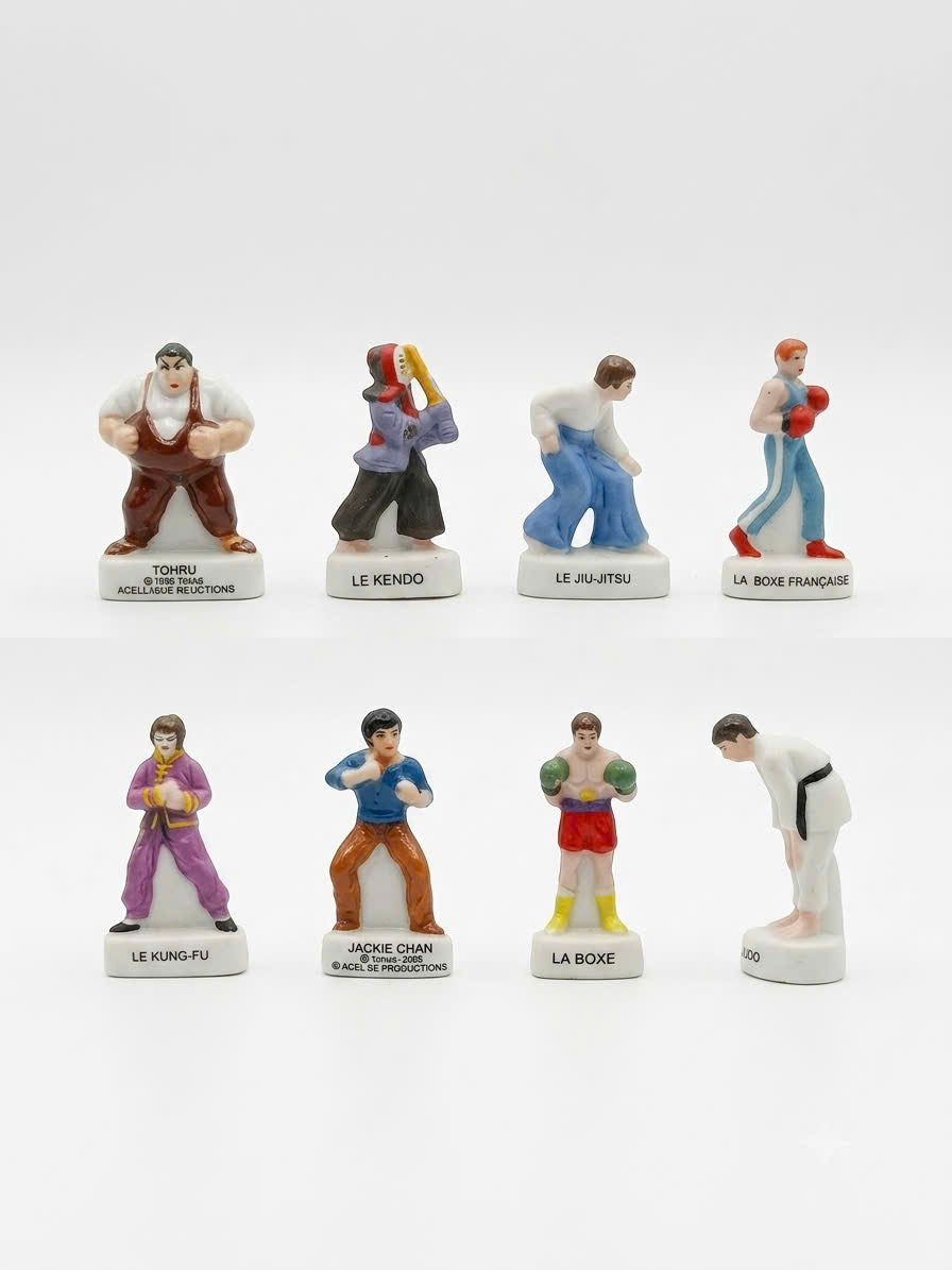 French Porcelain Fèves Vintage Martial Arts Combat Sports Figurines – Miniature Ceramic Judo Boxing Kung Fu Jackie Chan Charms