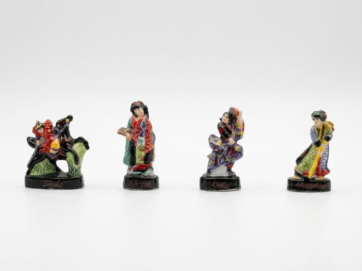 French Porcelain Fèves Vintage Japanese Historical Figures – Miniature Ceramic Kimono Samurai Shaka Kukai Charms