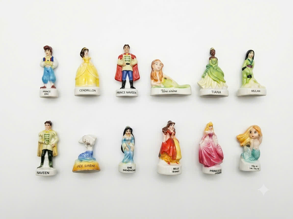 French Porcelain Fèves Vintage Princess & Prince Figurines – Miniature Ceramic Disney Fairytale Charms Cendrillon Tiana Mulan Belle