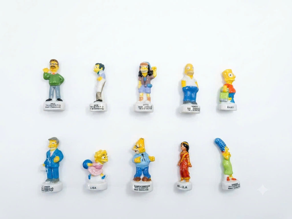French Porcelain Fèves Vintage The Simpsons Figurines – Miniature Ceramic Cartoon Charms Homer Marge Bart Lisa Ned Moe Grampa