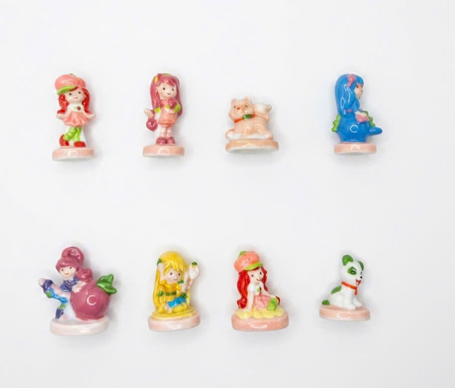 French Porcelain Fèves Vintage Strawberry Shortcake Figurines – Miniature Ceramic Charms Charlotte aux Fraises Custard Pupcake