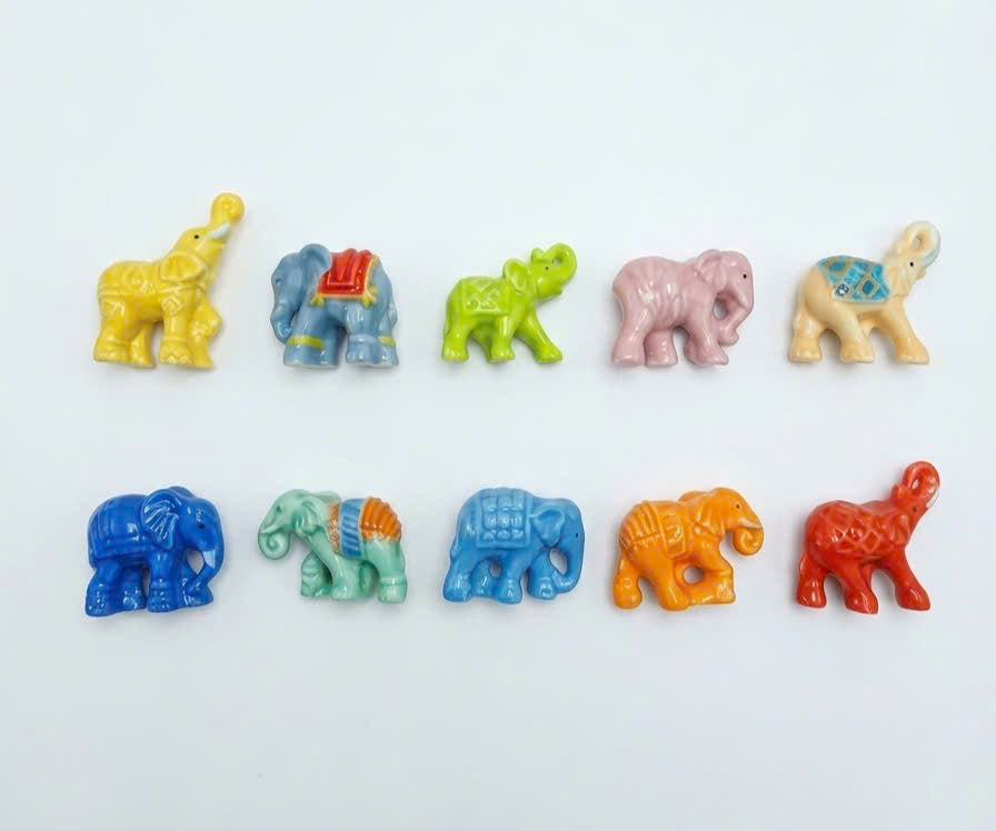 French Porcelain Fèves Vintage Colorful Elephants Figurines – Miniature Ceramic Animal Charms Lucky Elephant Decor Collection