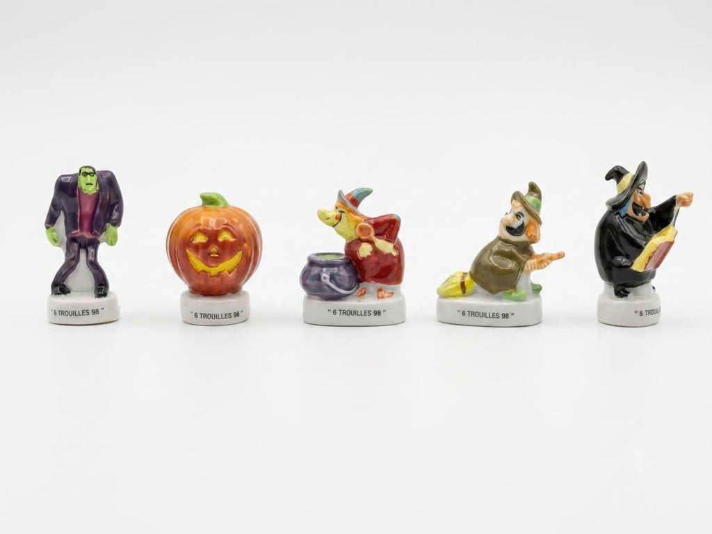 French Porcelain Fèves Vintage Halloween Figurines – Miniature Ceramic Charms Witch Frankenstein Pumpkin "6 Trouilles 98"