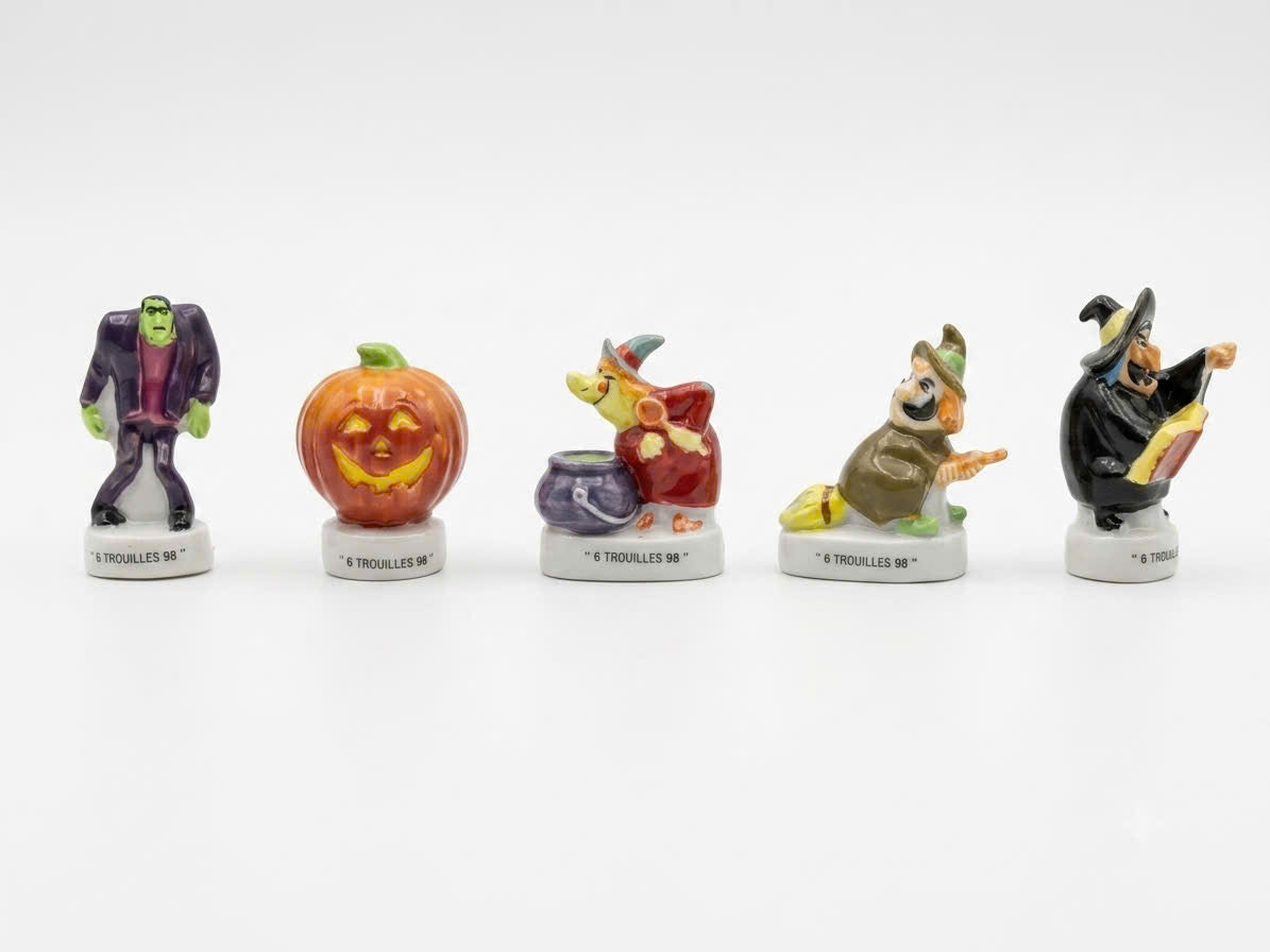French Porcelain Fèves Vintage Halloween Figurines – Miniature Ceramic Charms Witch Frankenstein Pumpkin "6 Trouilles 98"