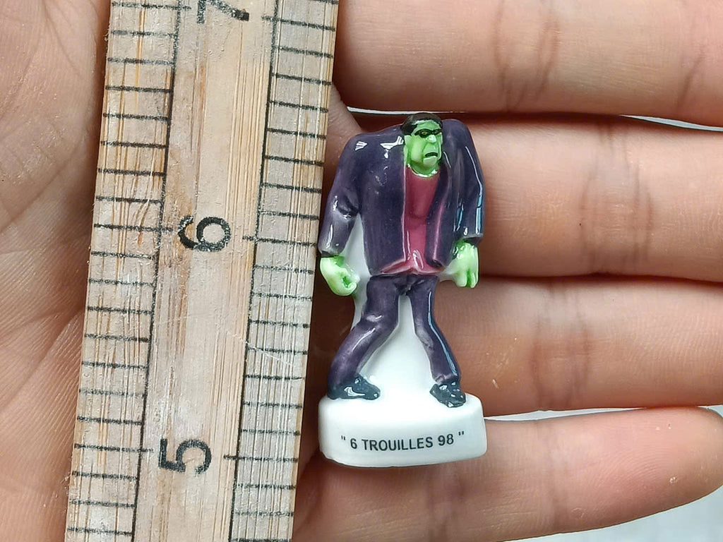 French Porcelain Fèves Vintage Halloween Figurines – Miniature Ceramic Charms Witch Frankenstein Pumpkin "6 Trouilles 98"
