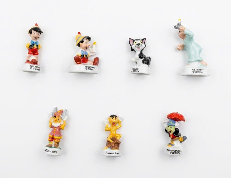 French Porcelain Fèves Vintage Pinocchio Figurines – Miniature Ceramic Disney Charms Geppetto Figaro Jiminy Cricket