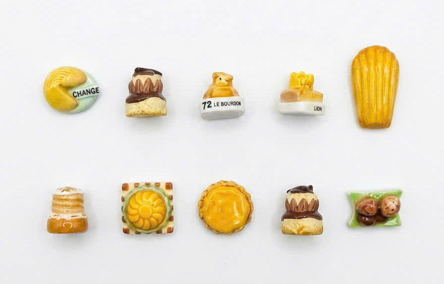 French Porcelain Fèves Vintage Miniature Pastries & Bakery – Ceramic Charms Madeleine Religieuse Tartlet Tarte Tatin