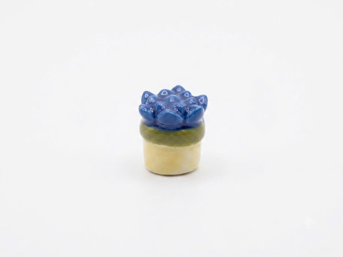 Blue Succulent Porcelain Fève | Miniature Potted Plant Collectible