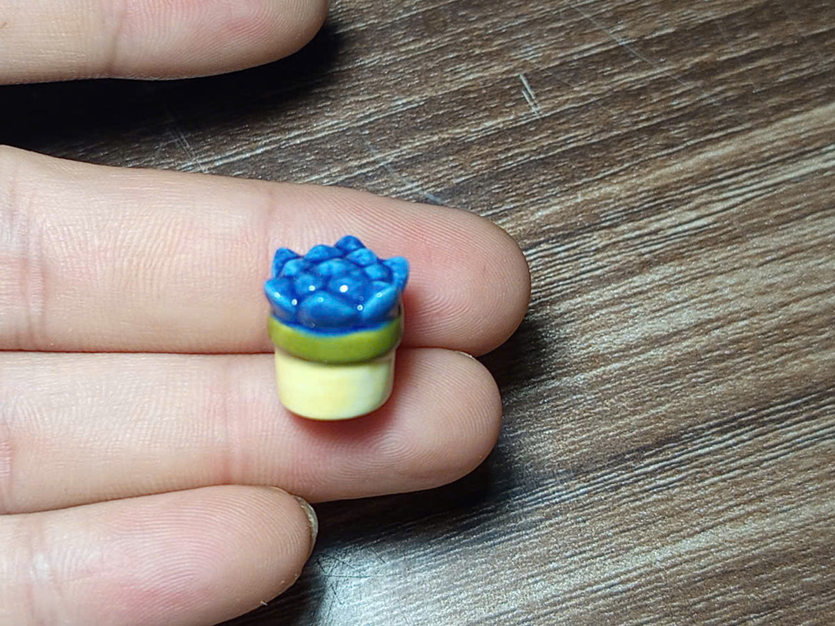 Blue Succulent Porcelain Fève | Miniature Potted Plant Collectible