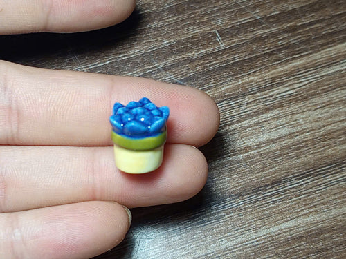 Blue Succulent Porcelain Fève | Miniature Potted Plant Collectible