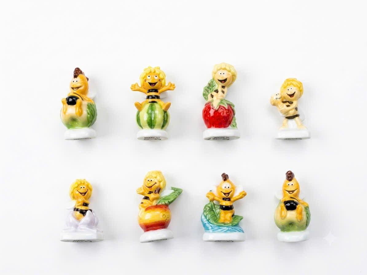 8 Maya the Bee porcelain fève figurines, each hand-painted bee character sitting on a different fruit or vegetable including watermelon, strawberry and apple