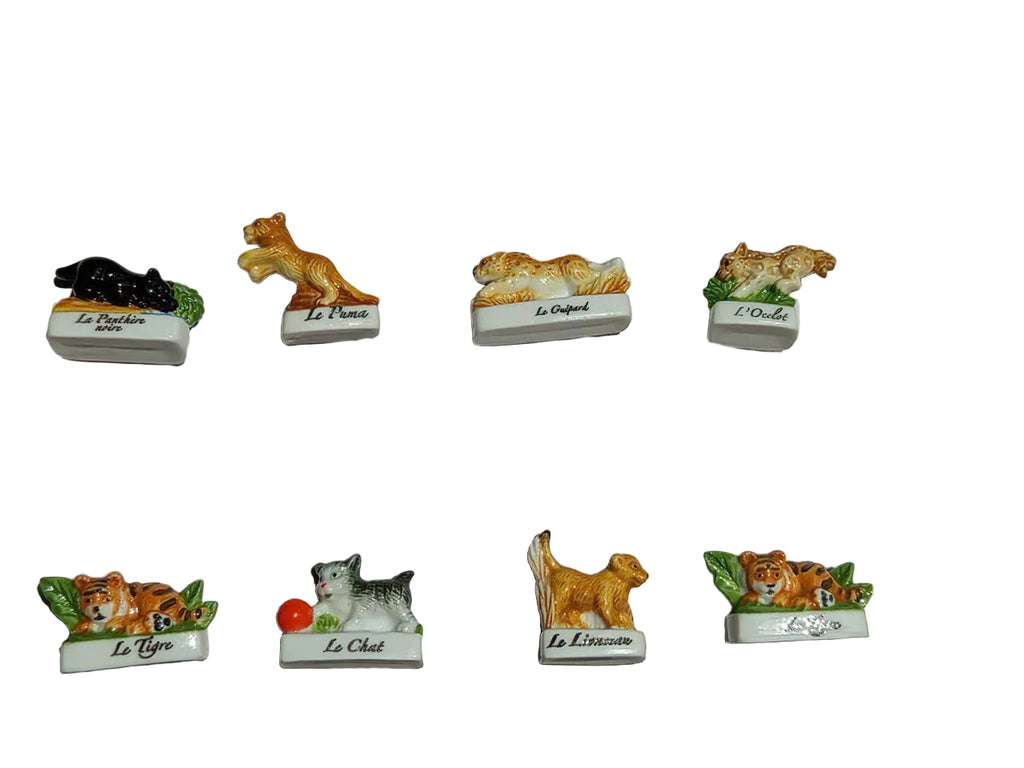 Wild Cats Porcelain Fève Figurines – Vintage French Collectible Set of 8