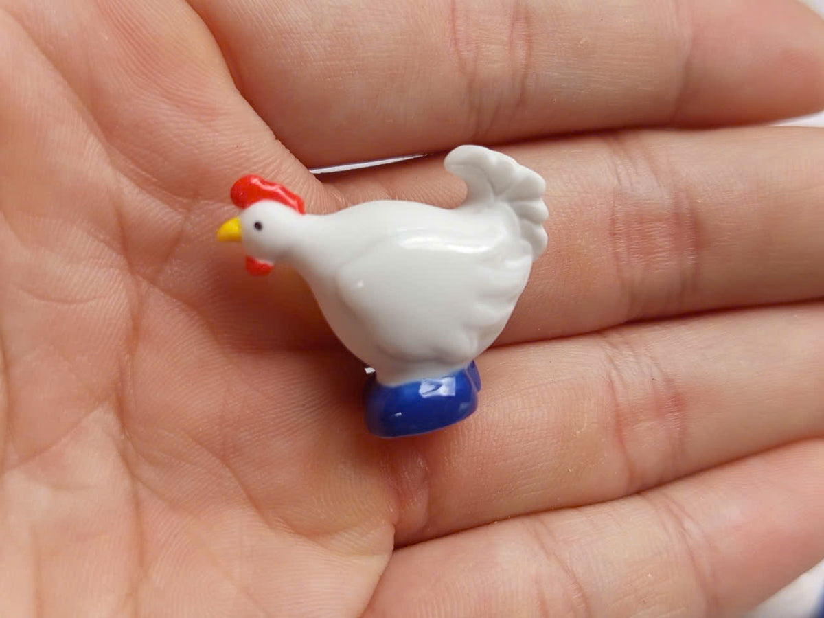 White Rooster & Hen Porcelain Fève Figurines – Vintage French Collectible Set of 8