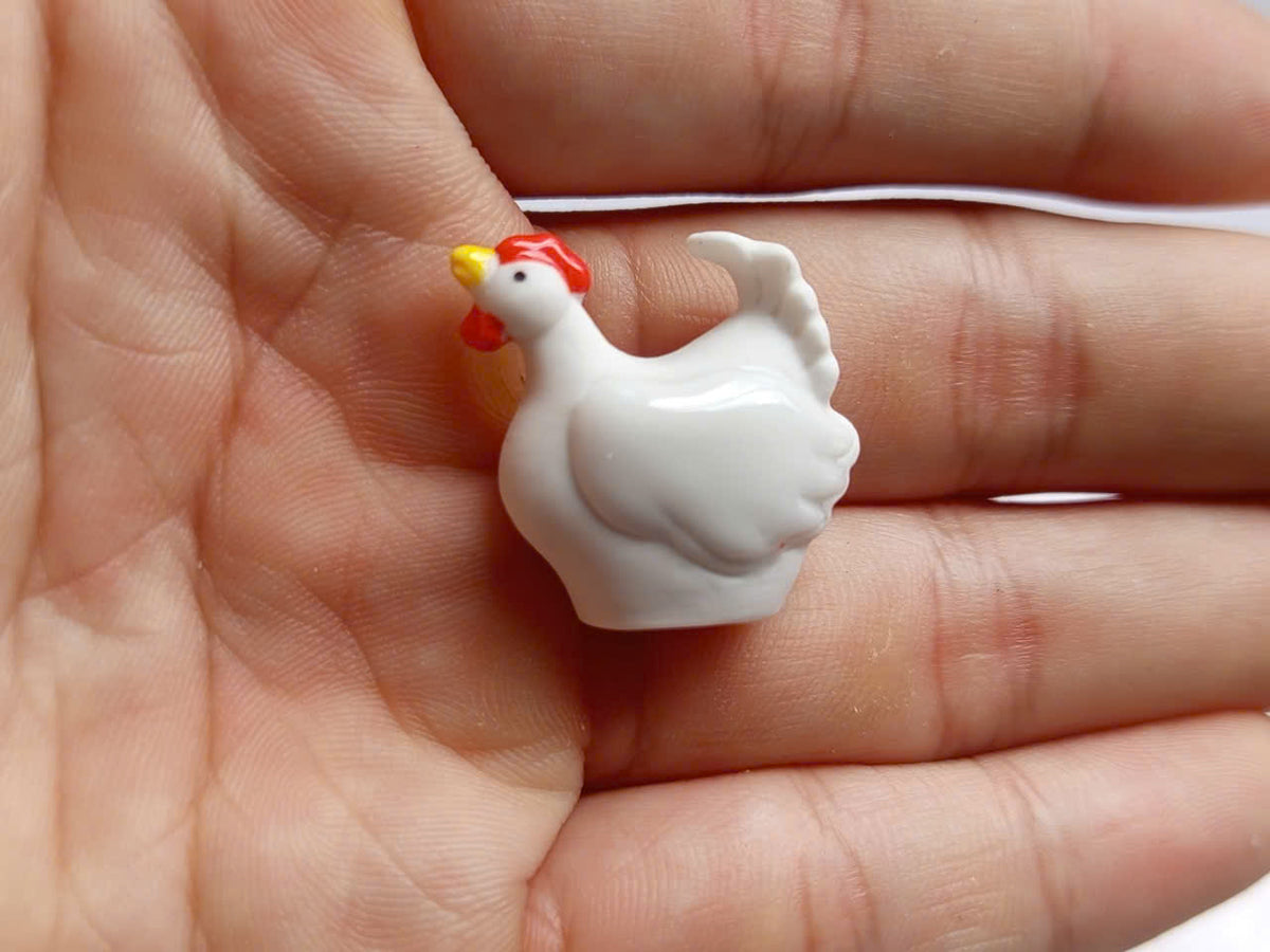 White Rooster & Hen Porcelain Fève Figurines – Vintage French Collectible Set of 8