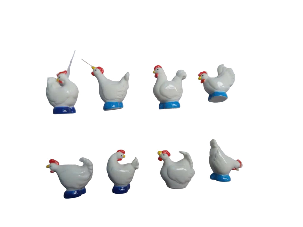 White Rooster & Hen Porcelain Fève Figurines – Vintage French Collectible Set of 8