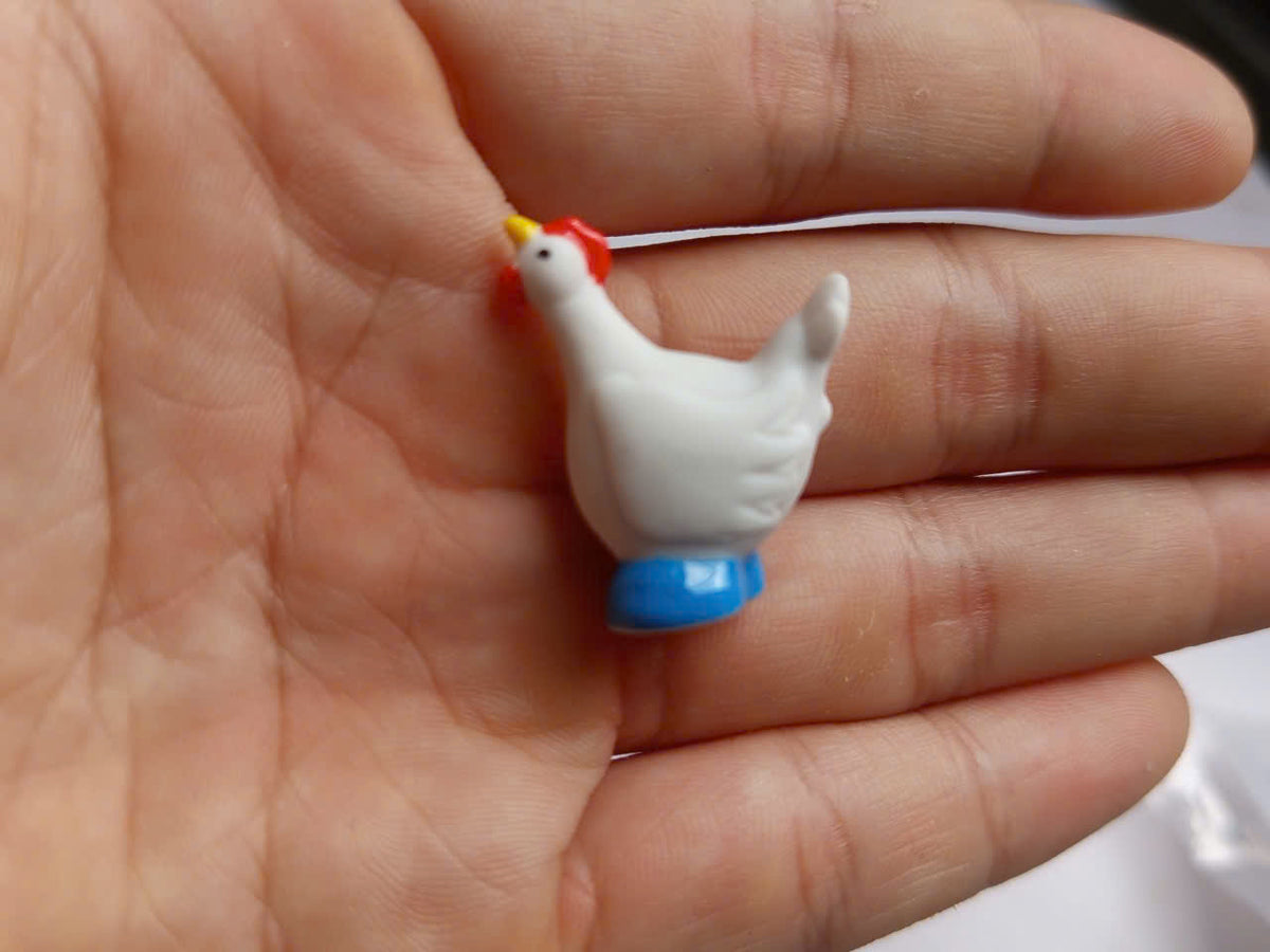White Rooster & Hen Porcelain Fève Figurines – Vintage French Collectible Set of 8