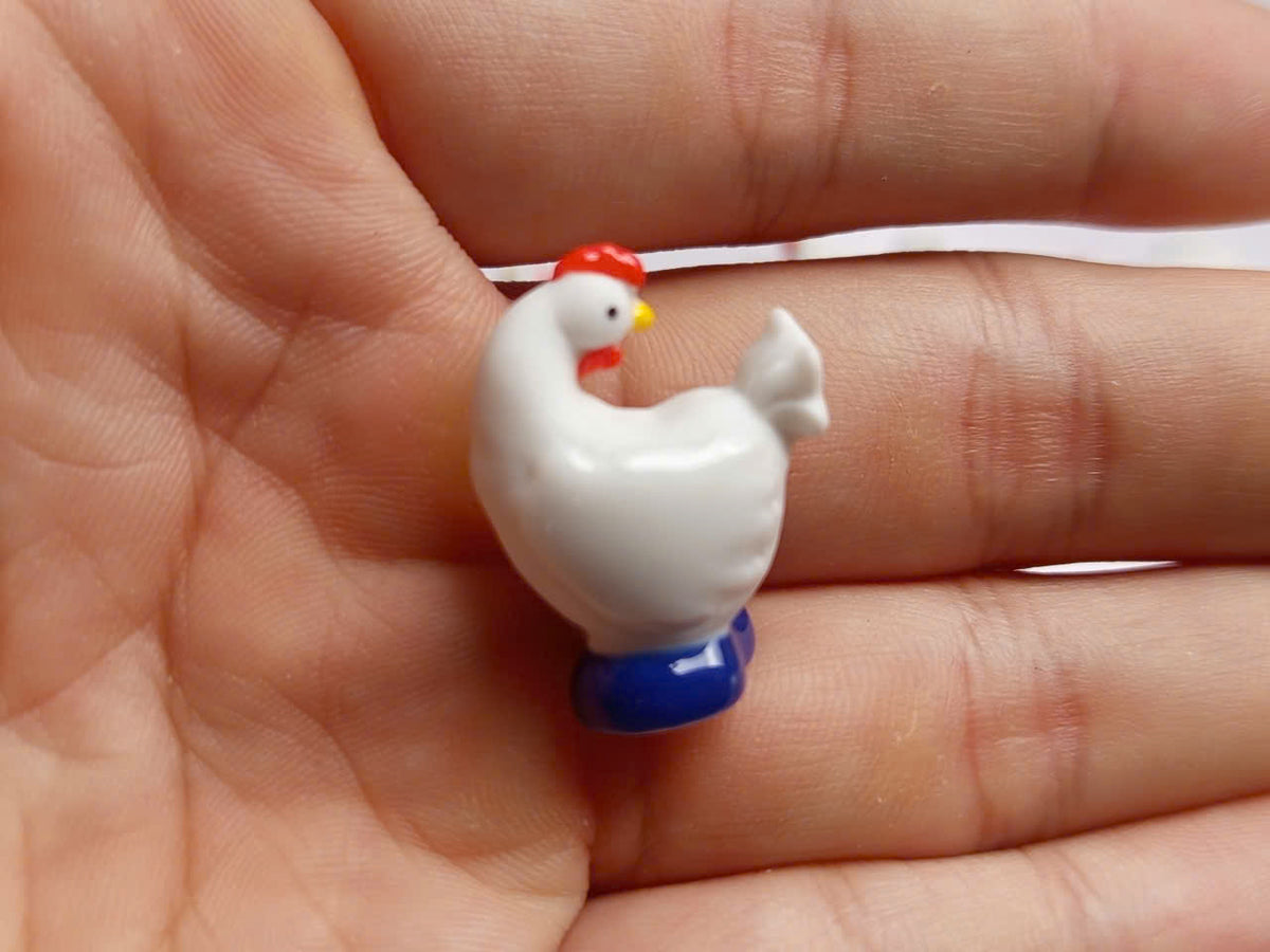 White Rooster & Hen Porcelain Fève Figurines – Vintage French Collectible Set of 8