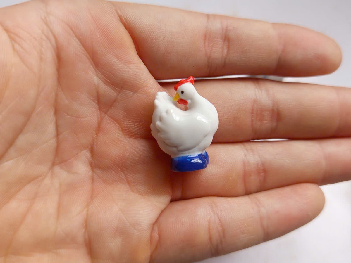 White Rooster & Hen Porcelain Fève Figurines – Vintage French Collectible Set of 8
