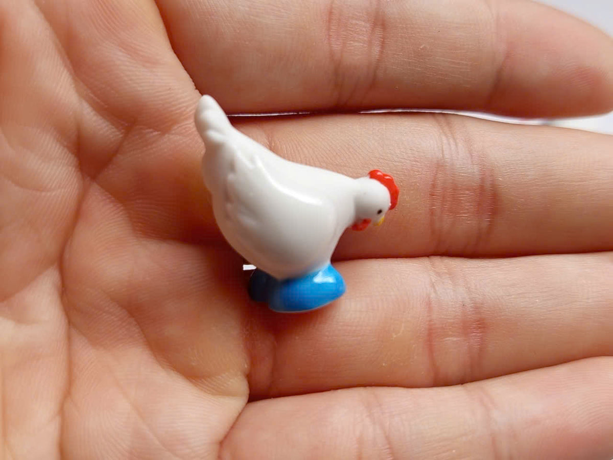 White Rooster & Hen Porcelain Fève Figurines – Vintage French Collectible Set of 8