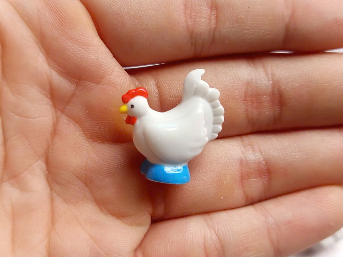 White Rooster & Hen Porcelain Fève Figurines – Vintage French Collectible Set of 8