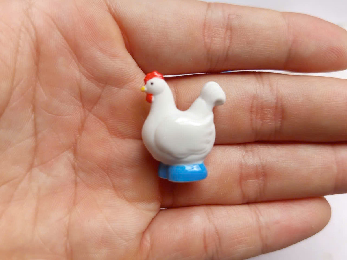 White Rooster & Hen Porcelain Fève Figurines – Vintage French Collectible Set of 8