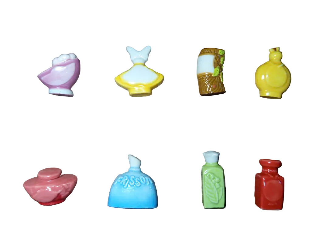 Miniature Perfume Bottle Porcelain Fève Figurines – Vintage French Collectible Set of 8