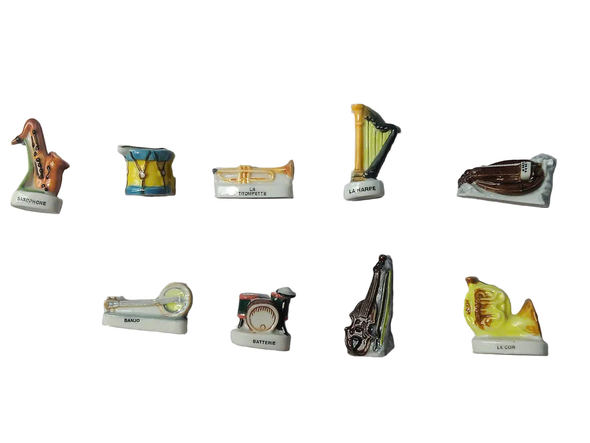 French Musical Instruments Fève Set – Hand-Painted Porcelain Miniatures (9 Pieces)