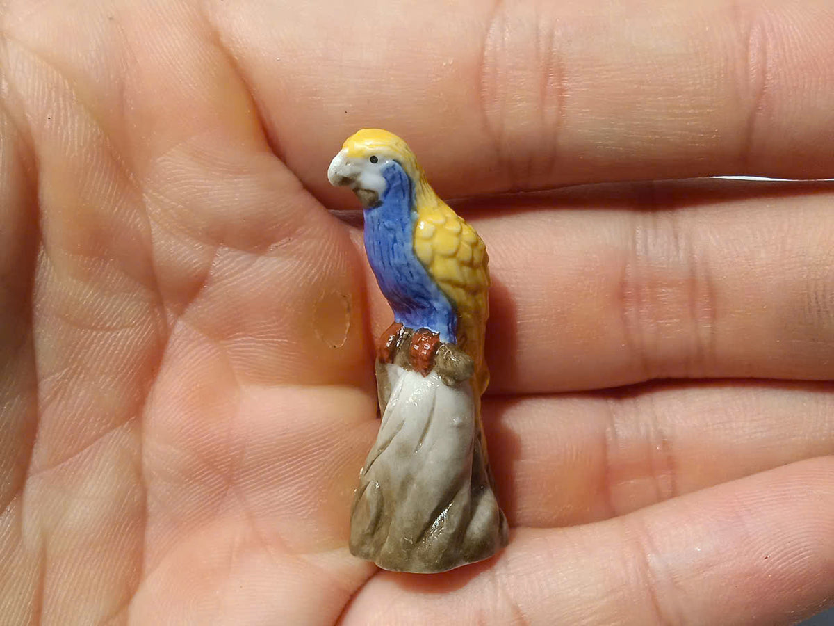 French Parrot Fève Set – Hand-Painted Porcelain Miniatures (5 Pieces)