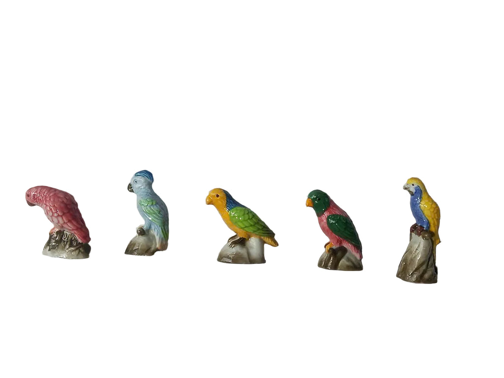 French Parrot Fève Set – Hand-Painted Porcelain Miniatures (5 Pieces)