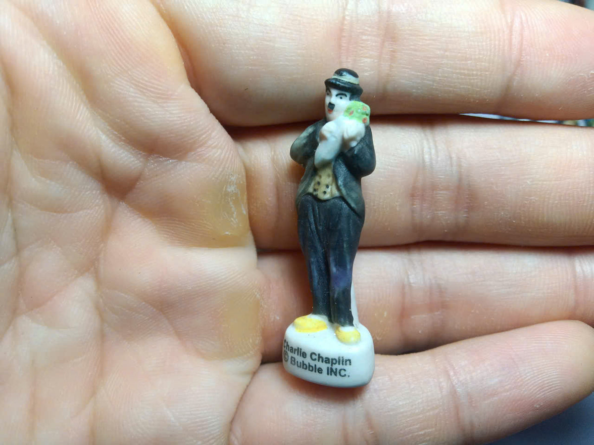 French Charlie Chaplin Fève Set – Hand-Painted Porcelain Miniatures (6 Pieces)