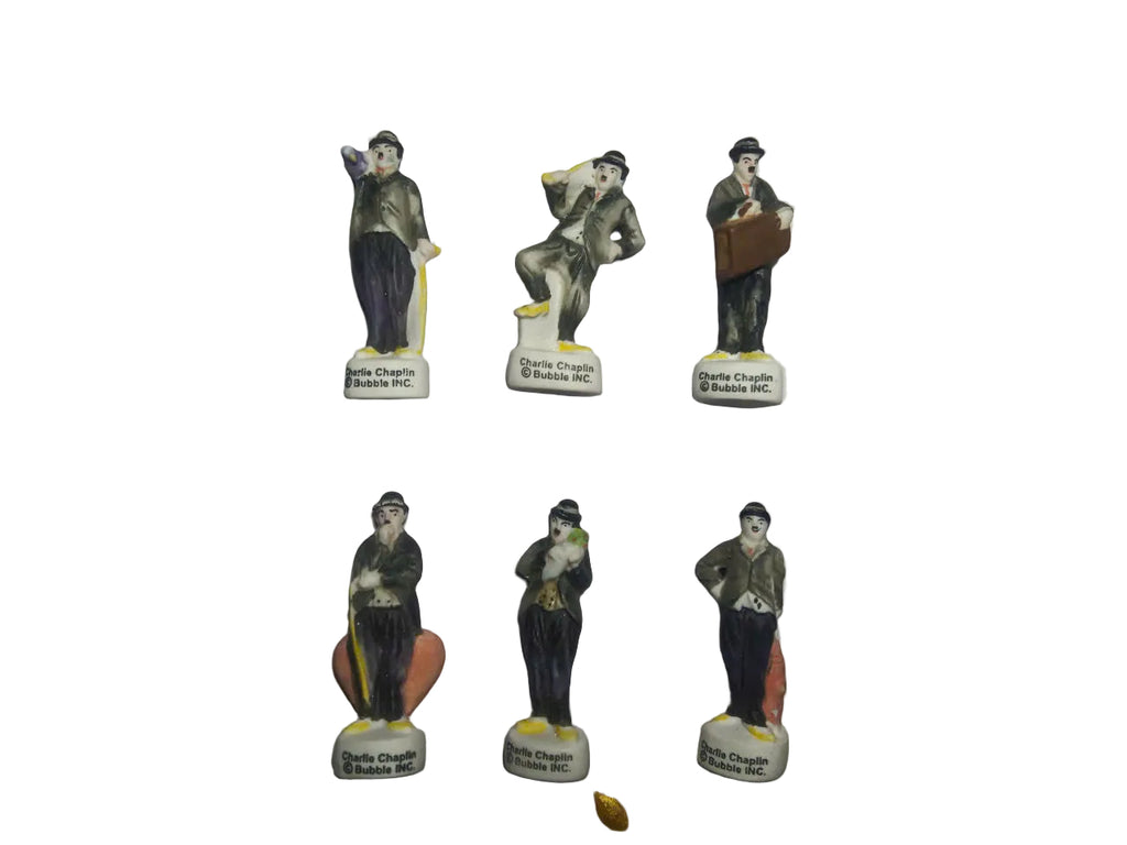French Charlie Chaplin Fève Set – Hand-Painted Porcelain Miniatures (6 Pieces)