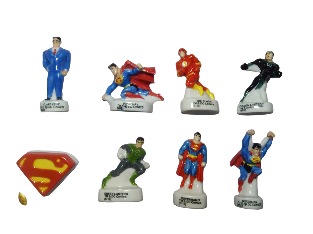 French DC Comics Superman & Friends Fève Set – Hand-Painted Porcelain Miniatures (8 Pieces)