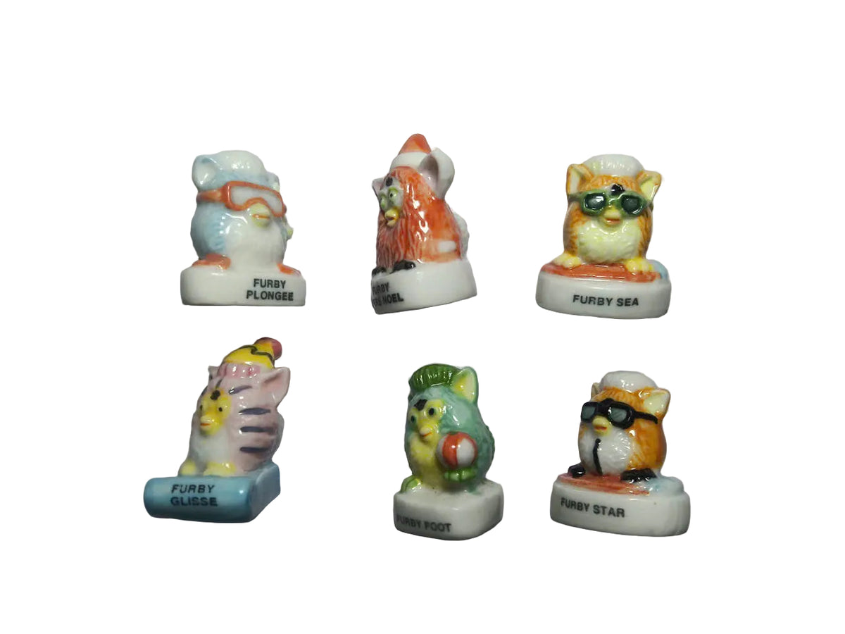 French Furby Beach Fève Set – Hand-Painted Porcelain Miniatures (6 Pieces)