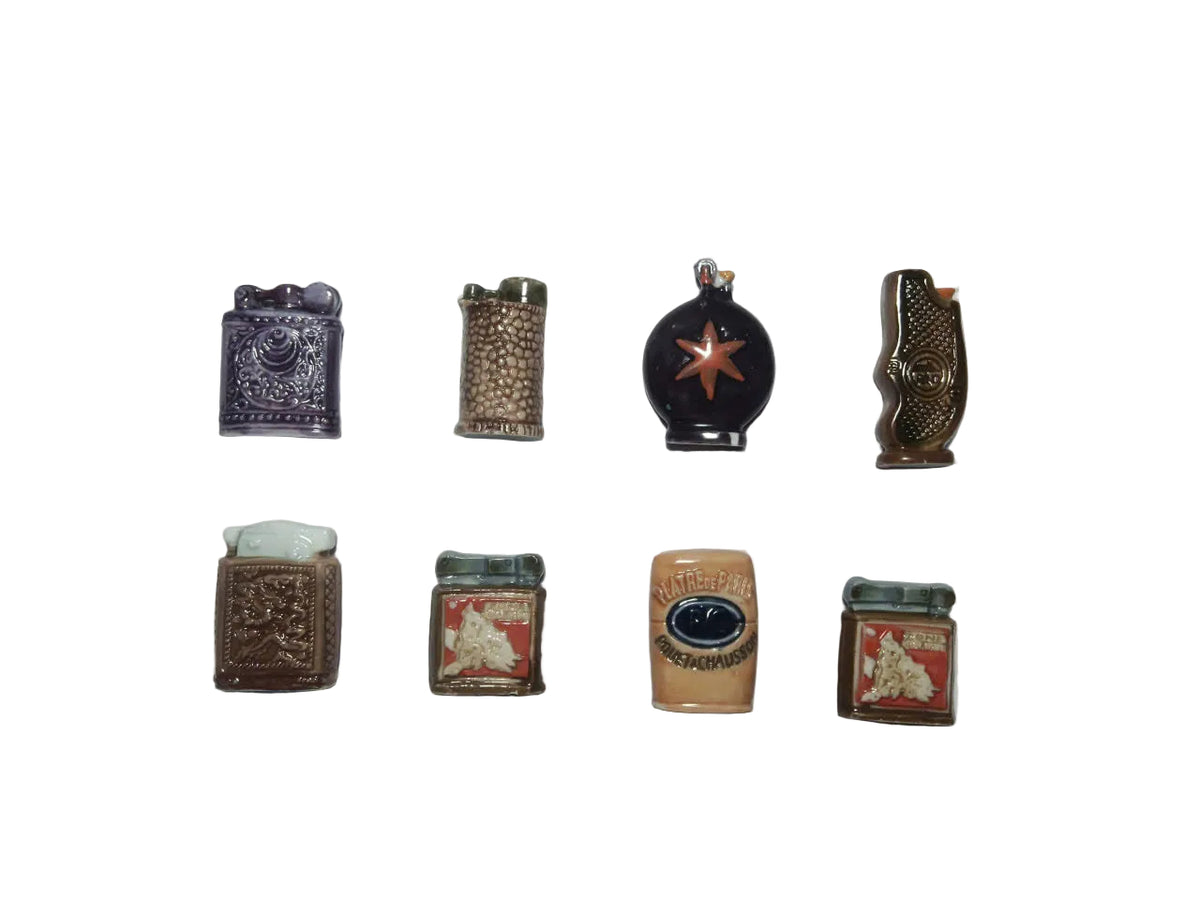 French Vintage Lighters and Flasks Feve Set - Hand-Painted Porcelain Miniatures (8 Pieces)
