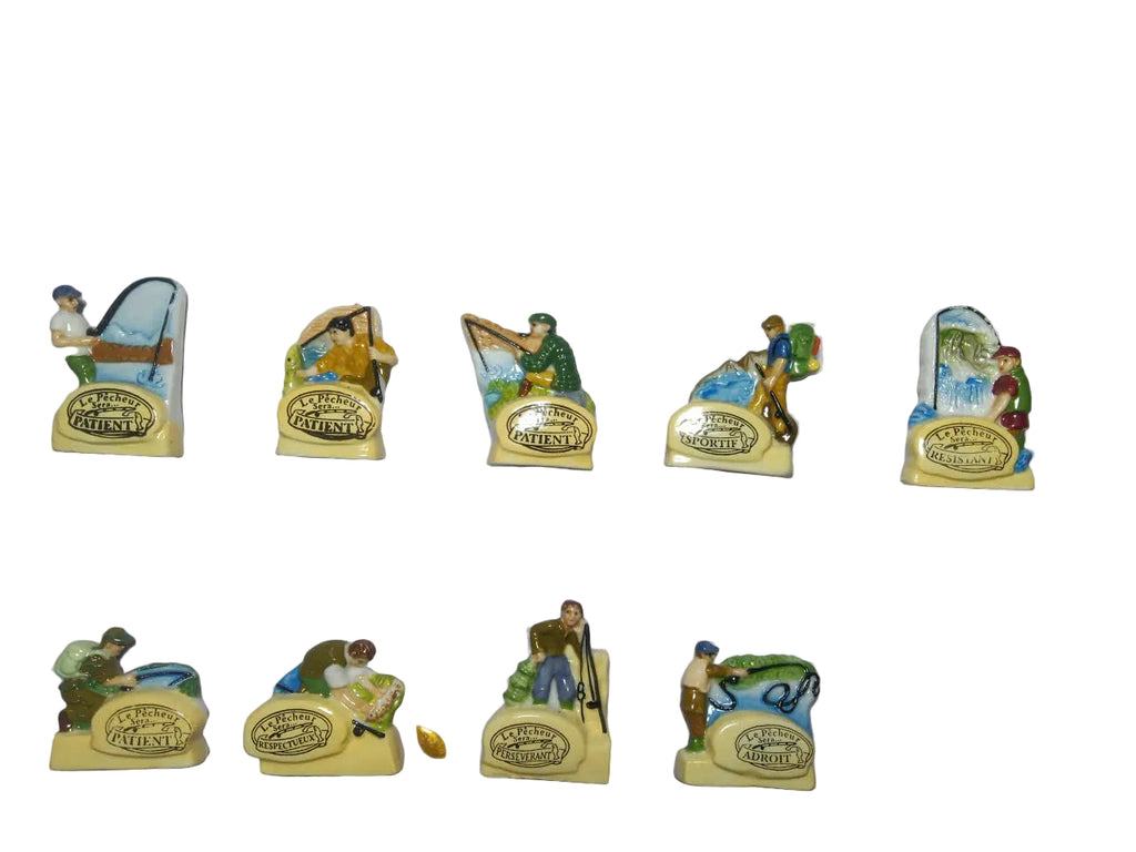 French Le Pêcheur Fève Set – Hand-Painted Porcelain Fisherman Miniatures (9 Pieces)