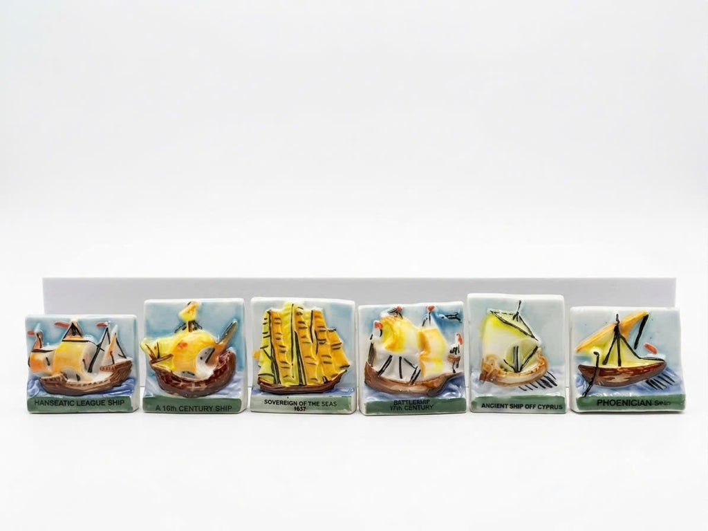 French Historic Sailing Ships Fève Set – Hand-Painted Porcelain Miniatures (6 Pieces)