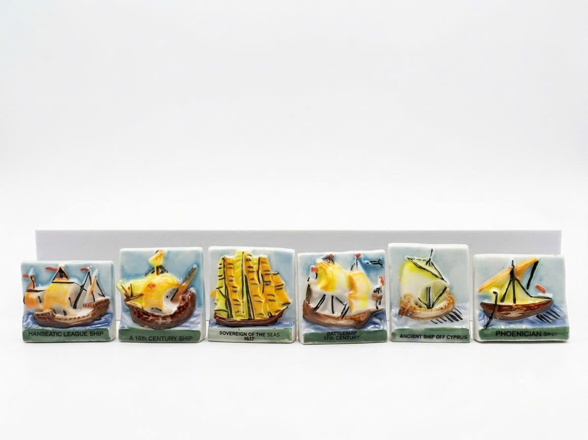 French Historic Sailing Ships Fève Set – Hand-Painted Porcelain Miniatures (6 Pieces)