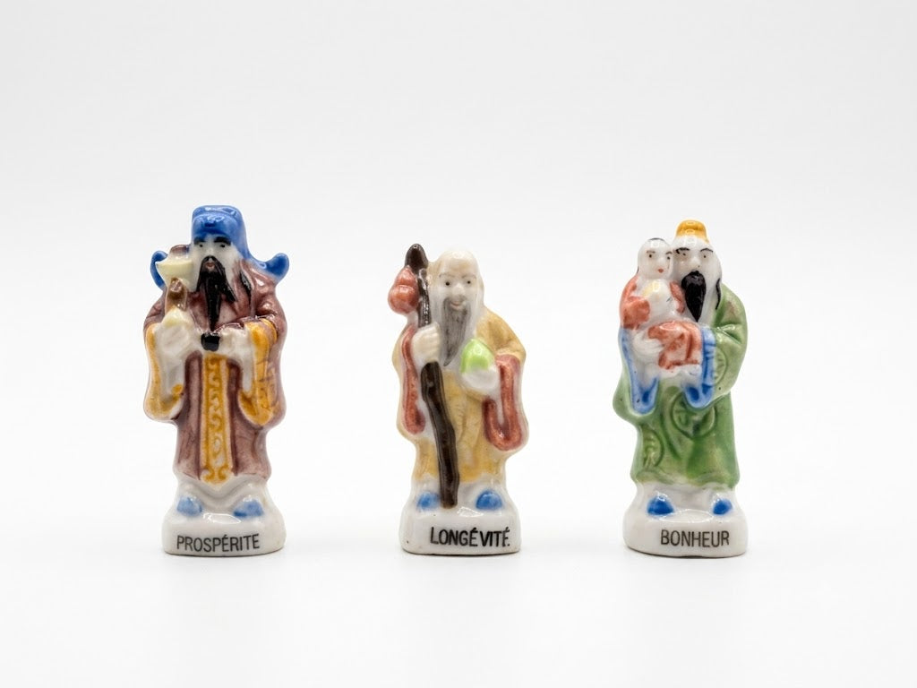French Fève Miniature Porcelain Asian Deity – Individual Collectible Bonheur, Prospérité, Longévité King Cake Charm